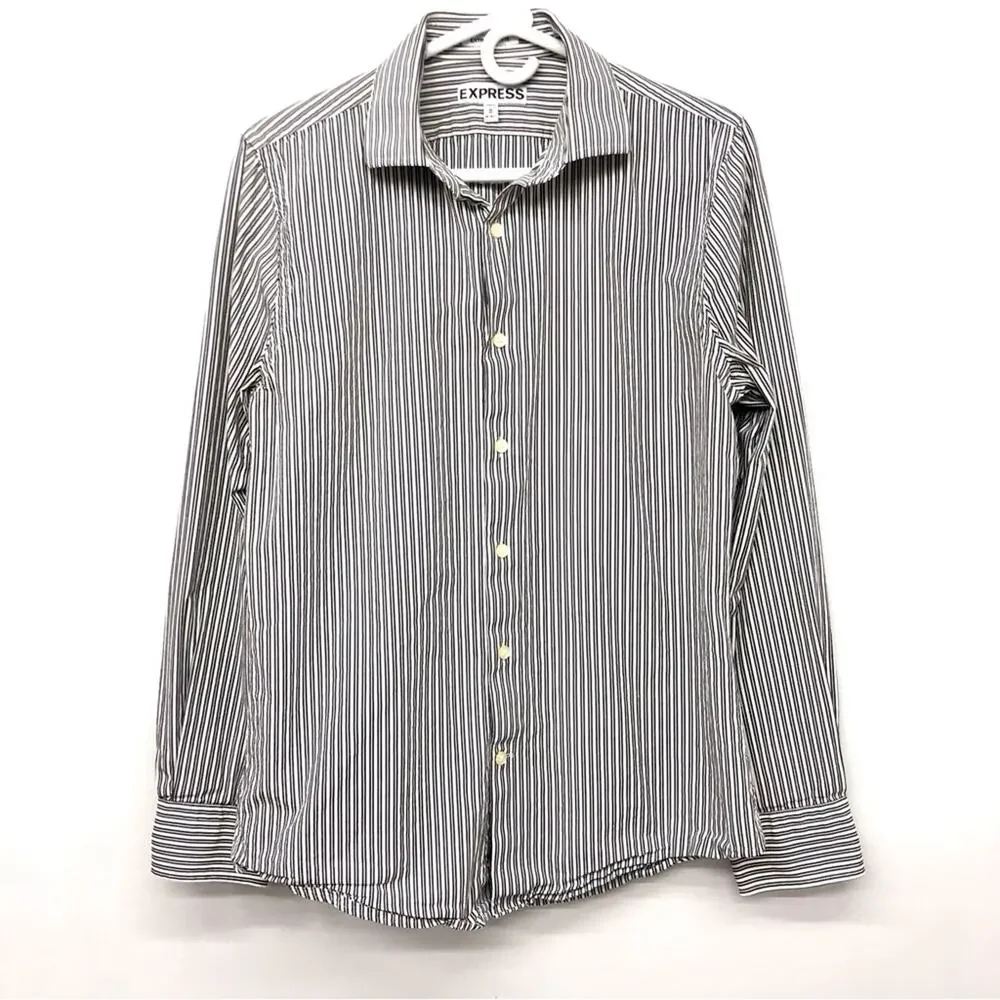 Men's Express Extra Slim Fit Black White Stripe Long Sleeve Button Front Shirt